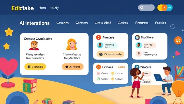 An engaging educational platform interface featuring AI-powered study recommendations, interactive quizzes, and progress trackers, with colorful visuals and animated characters to appeal to learners of all ages.