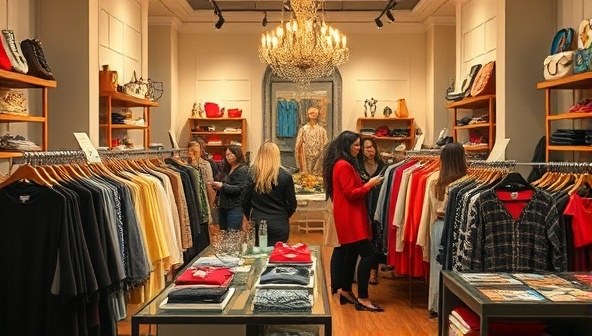 An elegant boutique setting with racks of stylish clothing, customers browsing and engaging in fashion swaps, trendy accessories on display, and a chic ambiance reflecting the sustainability and style of the swap shop.