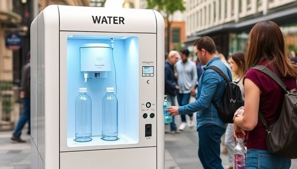 A sleek and modern water purification kiosk with a transparent panel showing the filtration process, located in a bustling urban setting with people filling up reusable bottles, highlighting convenience and sustainability in water access.