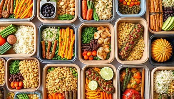 An array of freshly prepared, colorful meals neatly packed in eco-friendly containers, showcasing the variety and quality of the personalized meal options offered by the subscription service, with a focus on healthy and appetizing presentations.