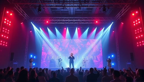 An artistic representation of a virtual concert stage with a captivating light show, musicians performing energetically, and a digital audience interacting through chat and virtual applause, creating a lively and immersive concert experience.