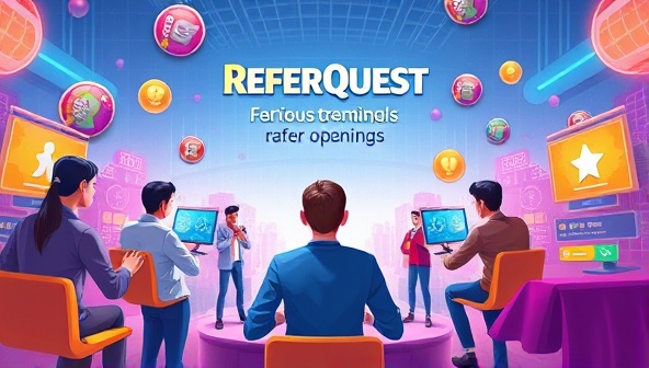 A vibrant and dynamic digital illustration depicting employees in a virtual game world, engaging in friendly competition and teamwork to refer top talent for job openings, with colorful badges, rewards, and leaderboard displays enhancing the gamified experience of ReferQuest.