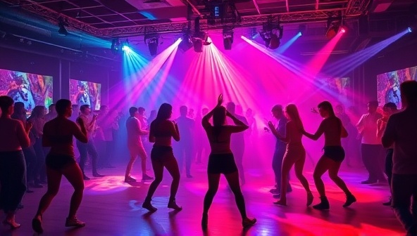 An energetic dance floor scene with vibrant lights powered by dancers' movements, creating a dynamic and electrifying atmosphere that captures the essence of sustainable entertainment.