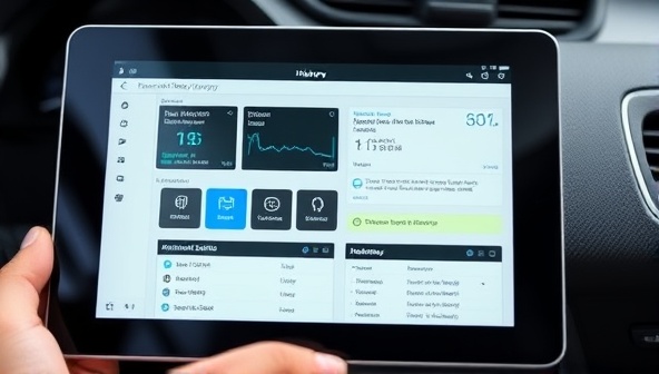 A sleek digital interface displaying a detailed vehicle history report on a tablet screen, with visual indicators of accident records, ownership details, and maintenance history, conveying trustworthiness and reliability.