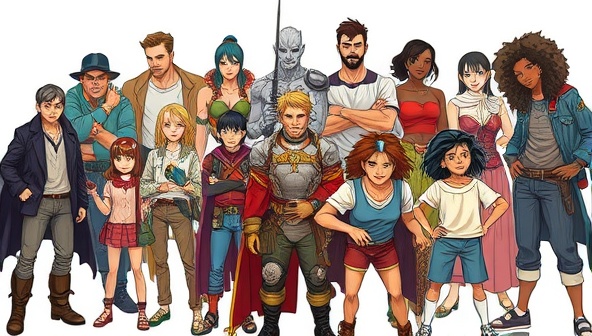 An artistic rendering of diverse fictional characters in various settings and poses, showcasing the versatility and creativity of character ghostwriting services, with each character embodying a unique personality and visual appeal.