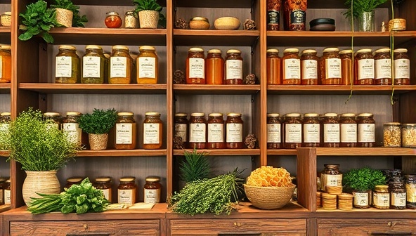 An elegant and rustic boutique setting with shelves displaying beautifully packaged infused honey jars, accompanied by fresh herbs, spices, and honeycombs, evoking a sense of artisanal craftsmanship and natural elegance in a gourmet food space.