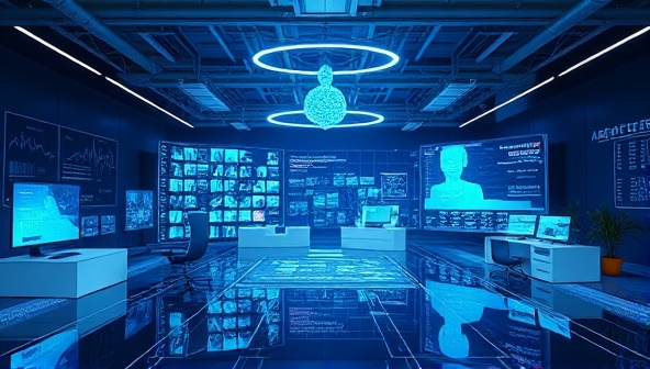 An AI-powered design studio with futuristic holographic displays showing real-time user interaction data and design predictions, creating a high-tech and innovative atmosphere.