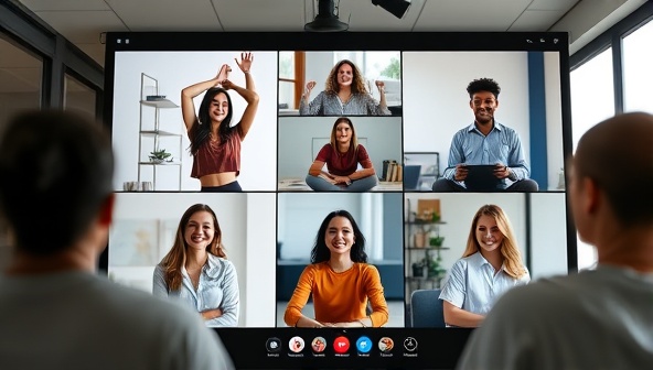 A virtual corporate wellness session scene with employees participating in a team workout challenge, mindfulness practice, or wellness seminar via video conference, showcasing teamwork, engagement, and well-being in a remote work setting.