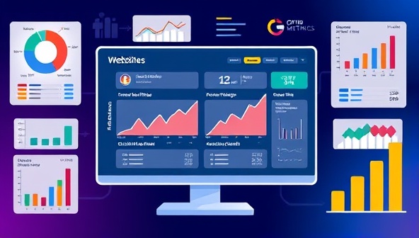 An illustration of a digital dashboard displaying website performance metrics and optimization insights, surrounded by graphs and charts indicating data-driven decision-making and improvement strategies offered by OptiWebMetrics.