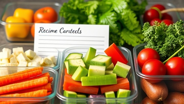 An aesthetically pleasing image of colorful, fresh ingredients neatly arranged in portioned containers, with a personalized recipe card in the background, symbolizing customization and convenience.