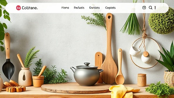 An aesthetically pleasing e-commerce store layout featuring a variety of eco-friendly kitchen gadgets and utensils made from sustainable materials, displayed against a backdrop of lush greenery and natural elements, conveying a harmonious blend of style and sustainability in culinary living.