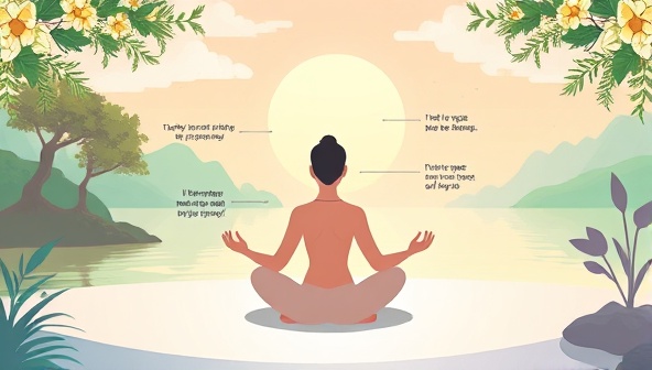 A serene digital illustration of a person meditating peacefully in a virtual environment, surrounded by calming nature scenes and positive affirmations, conveying relaxation and inner peace.