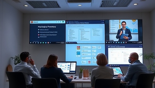 An interactive virtual workshop setup with participants engaging in collaborative project planning exercises, led by a skilled facilitator, with digital tools and visual aids enhancing the learning experience and fostering teamwork among attendees.