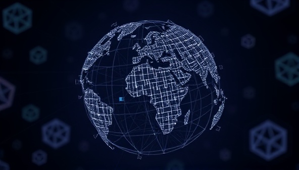 An interconnected network of digital blocks forming the shape of a globe, symbolizing the decentralized and global nature of BlockWebz's blockchain-powered web design marketplace.