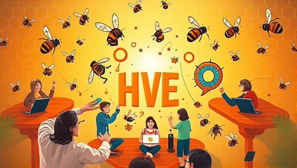 An imaginative illustration of a vibrant hive community with diverse designers buzzing around a central web design project, symbolizing collaboration, creativity, and collective innovation in the DesignHive Collective platform, visually inspiring and dynamic.