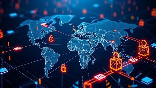 An artistic representation of a global network of designers and clients connecting through BlockWeb Creations' blockchain-powered marketplace, with secure transactions and transparent processes visualized through interconnected blocks and data streams, symbolizing trust and efficiency in the decentralized web design industry.