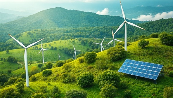 An inspiring visual representation of a lush green landscape with renewable energy sources like wind turbines and solar panels, symbolizing the sustainable and impactful investment opportunities offered by the GreenInvest Fund platform, creating a vision of a greener future through responsible investing.