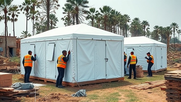 An emergency relief scene with relief workers assembling prefabricated modular shelters in a disaster-stricken area, showcasing the efficient deployment and functionality of the relief shelters in providing temporary housing for displaced individuals.