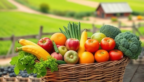 An appealing image of a colorful array of fresh fruits and vegetables neatly arranged in a wicker basket, set against a backdrop of lush green fields and a rustic farm setting, evoking a sense of farm-to-table freshness and connection to nature.