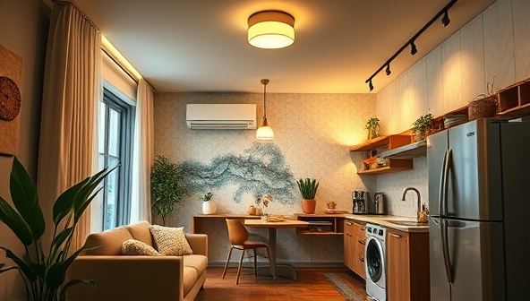 An aesthetically pleasing residential interior with energy-efficient LED lighting, smart appliances, and insulated walls, creating a cozy and eco-friendly home environment, with emphasis on sustainable living.