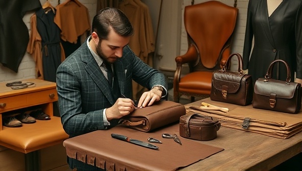 An elegant image of a leather artisan hand-stitching a custom leather bag, surrounded by premium leather hides, tools of the trade, and a collection of handcrafted leather goods, exuding sophistication and craftsmanship in bespoke leather creations.