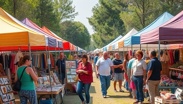 A vibrant and bustling outdoor pop-up market scene with colorful tents, handmade products on display, and customers interacting with passionate artisans, capturing the essence of community support and creativity.