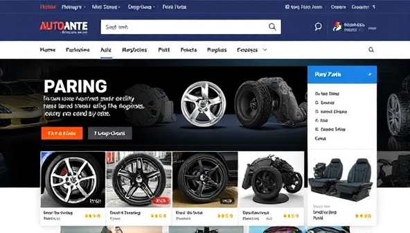 An online marketplace interface showcasing a variety of used auto parts, including engines, wheels, and interior components, with a user-friendly search function and secure payment options, emphasizing convenience and accessibility.