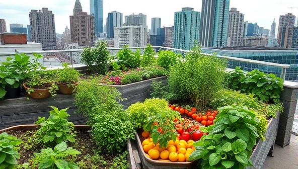 An urban rooftop garden filled with lush green plants, vibrant vegetables, and ripe fruits against a backdrop of city skyscrapers, highlighting the contrast between nature and urban living in a sustainable way.