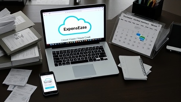 An office desk setup with a laptop displaying the ExpenseEase Cloud platform interface, surrounded by digital receipts, a smartphone scanning receipts, and a calendar with expense deadlines, illustrating efficient expense management and organization in a digital environment.