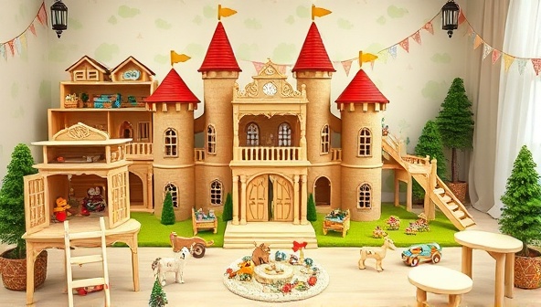 An enchanting wooden toy castle set displayed in a whimsical playroom setting, surrounded by eco-friendly wooden animals, vehicles, and figurines, inviting imaginative play and creative storytelling in a natural and sustainable play environment.