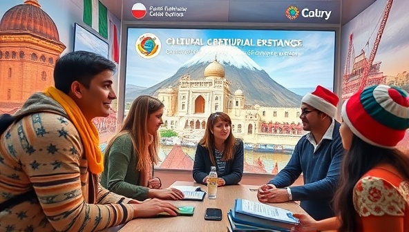 An immersive visual representation of a virtual cultural exchange, featuring participants from different countries interacting in a virtual environment, exploring cultural landmarks and traditions, with vibrant visuals and detailed settings capturing the essence of diverse cultures and fostering cross-cultural connections.