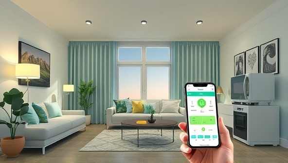 An interactive smart home environment with devices controlled by the EcoSync Home app, portraying a seamless and energy-efficient living space with automated lighting, temperature control, and appliance management, illustrating the modern and sustainable lifestyle promoted by the platform.