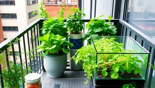 An urban apartment balcony transformed into a lush aquaponics garden, showcasing vibrant greens, herbs, and a small fish tank, illustrating the sustainable and space-efficient nature of Aquavert Farms' subscription service.