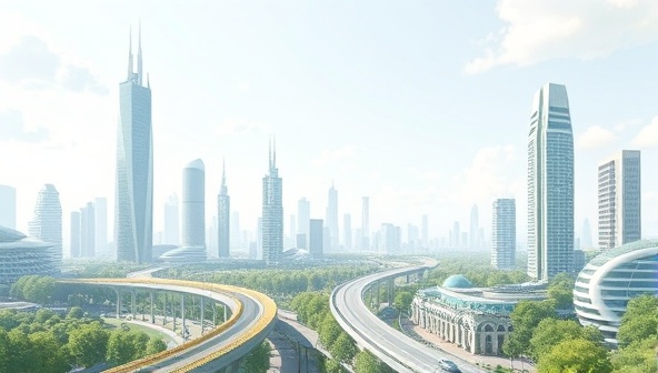 A digital illustration of a futuristic cityscape with green spaces, efficient transportation systems, and sustainable buildings, symbolizing the vision of innovative urban planning and design discussed in the workshops.