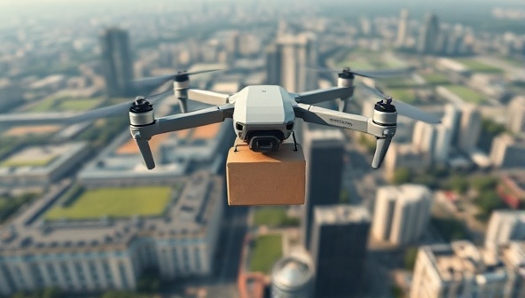 An exciting visual of a drone hovering over a cityscape, carrying a package with precision and speed, against the backdrop of urban buildings and green spaces, showcasing the futuristic and efficient delivery service provided by SkyFeed's drone delivery network.