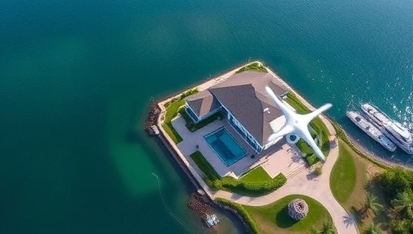 An aerial shot of a luxurious waterfront property captured by a drone, showcasing the property's stunning location, architectural design, and surrounding landscape in exquisite detail, enticing potential buyers with a bird's-eye view perspective.