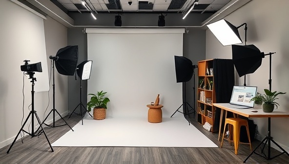 A stylish and modern photography studio setup with professional lighting equipment, backdrops, and a diverse range of personal branding props, exuding a creative and welcoming atmosphere for capturing authentic brand stories.