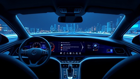 An illustration of a futuristic dashboard displaying AI AutoCare notifications for upcoming maintenance tasks, with a sleek and modern car interior in the background, highlighting convenience and advanced technology.