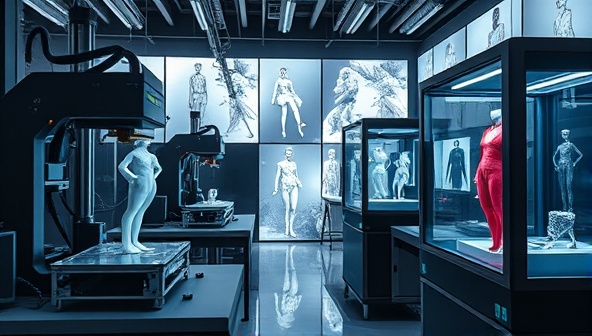 An immersive scene in a futuristic fashion studio featuring high-tech 3D printers manufacturing intricate and sleek wearable art pieces, with digital fashion sketches projected on transparent screens, creating a visually captivating and avant-garde ambiance that epitomizes the fusion of technology and fashion in the futuristic 3D printed fashion studio.