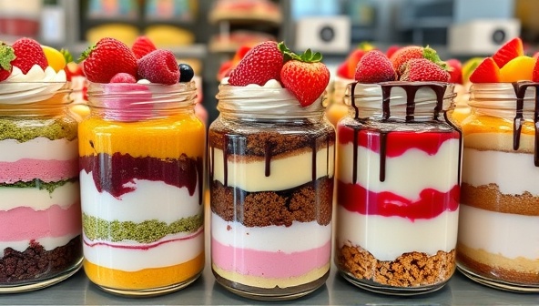 An elegant display of assorted dessert jars featuring layers of colorful cakes, creamy puddings, and rich cheesecakes, garnished with fresh fruits and chocolate drizzles, creating a tempting visual feast for sweet-toothed customers.