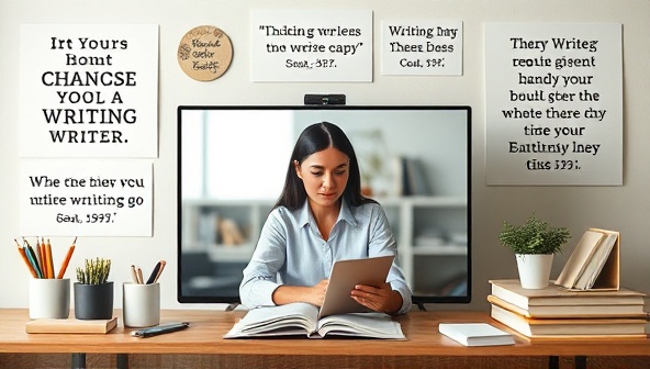 An online coaching session depicted with a mentor providing feedback on a writer's work, surrounded by motivational writing quotes and creative writing tools, creating an inspirational and supportive learning environment for aspiring writers.