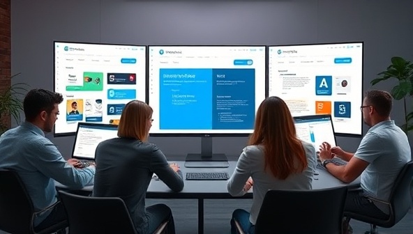 A virtual workspace environment with multiple designers collaborating on a website project in real-time, each contributing design elements and feedback through DesignSync's platform, showcasing the seamless and interactive nature of remote team collaboration in web design.