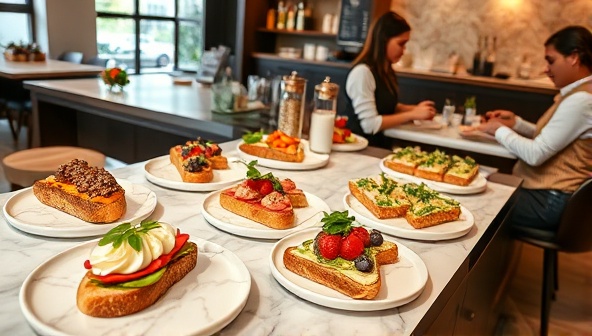 An elegant toast bar setup with a variety of beautifully crafted gourmet toast options displayed on marble plates, garnished with fresh herbs and toppings, with customers enjoying their customized creations in a cozy, modern cafe setting.