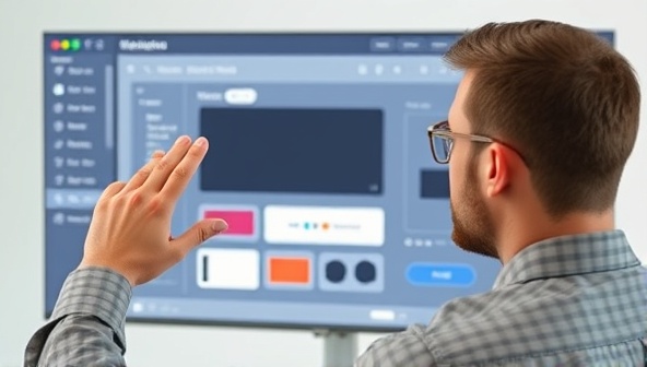 An individual using voice commands to customize elements on a virtual website design interface, with a digital assistant providing real-time feedback and assistance, illustrating the seamless and hands-free nature of the voice-activated web design tool.