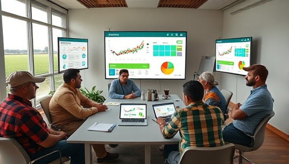 A virtual meeting room scene with a diverse group of farmers and consultants engaging in a discussion on crop planning and sustainable practices, with digital farm management tools and interactive analytics displayed on screens, symbolizing remote expertise and collaboration in agriculture.