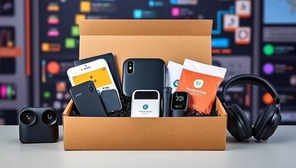 A sleek and modern travel tech gear subscription box featuring the latest gadgets, compact chargers, smart trackers, and noise-canceling headphones, presented against a tech-inspired backdrop, symbolizing innovation and convenience in travel technology.