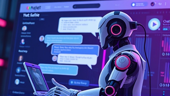 An artistic rendition of a futuristic chatbot interface interacting with a user on a website, displaying dynamic conversation bubbles and personalized recommendations, illustrating the seamless integration of technology and user engagement.