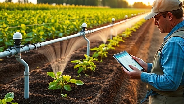 A visually compelling image of a smart irrigation system in action, showing sensors monitoring soil moisture levels, drip emitters delivering water to crops with precision, and a farm manager adjusting irrigation settings on a digital tablet, highlighting the efficiency and sustainability of modern irrigation practices in agriculture.