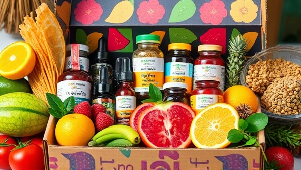 An image of a colorful array of nutraceutical supplements and vitamin bottles arranged in a vibrant subscription box, accompanied by fresh fruits and herbal ingredients, evoking a sense of vitality and holistic wellness in a single package.