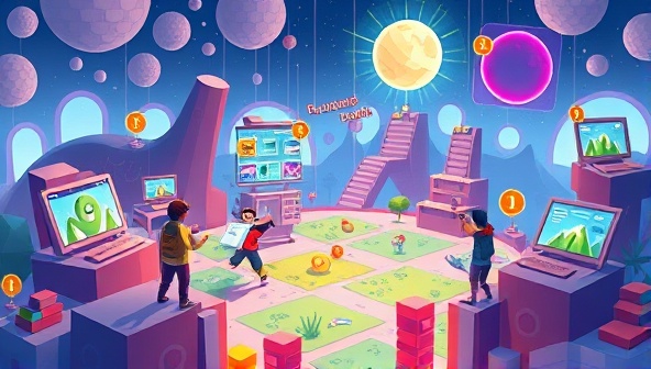 An exciting game environment with characters exploring a virtual world filled with web design challenges, interactive puzzles, and creative tools, with achievement pop-ups, leaderboards, and a vibrant visual style, capturing the essence of gamified learning in web design.